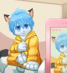  2017 4_fingers ambiguous_gender anthro arctic_fox balls big_eyes biped black_fur black_nose blue_eyes blue_hair blush bottomless canine cellphone child clothed clothing cub detailed_background dipstick_ears dipstick_tail disembodied_hand duo erection eyebrows_visible_through_hair fox frown fur hair holding_cellphone holding_object holding_phone hoodie humanoid_penis inside male male/ambiguous mammal maniacalmercury multicolored_fur multicolored_tail nervous null_(nefariousnull) partially_retracted_foreskin penis phone recording sitting solo_focus two_tone_fur uncut white_fur yojoo young 