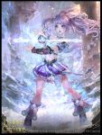  bare_shoulders blue_eyes boots breasts cleavage copyright_name legend_of_the_cryptids magic midriff navel official_art open_mouth pillar purple_hair rock sky solo sparkle teeth twintails yu-han_chen 