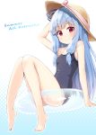  bangs barefoot blue_hair blunt_bangs character_name eyebrows_visible_through_hair feet full_body gradient gradient_background hand_on_headwear hat hat_ribbon highres innertube kotonoha_aoi long_hair looking_at_viewer ominaeshi_(takenoko) one-piece_swimsuit red_eyes ribbon simple_background smile solo strap_slip sun_hat swimsuit voiceroid 