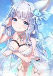  animal_ears arm_under_breasts bangs bare_shoulders blue_eyes blunt_bangs blush bracelet breast_hold breasts choker cleavage collarbone commentary_request day erune eyebrows_visible_through_hair granblue_fantasy hair_ornament hand_in_hair highres jewelry korwa large_breasts leaning_forward long_hair looking_at_viewer ocean outdoors parted_lips sidelocks silver_hair smile solo splashing thighs topia wading water water_drop 