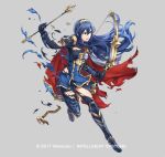  blue_eyes blue_hair bow_(weapon) breasts cape character_request fire_emblem fire_emblem:_kakusei fire_emblem_heroes full_body gloves jewelry long_hair lucina official_art one_eye_closed simple_background small_breasts solo tiara torn_clothes weapon yamada_koutarou 