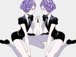  amethyst_(houseki_no_kuni) androgynous black_neckwear black_shorts braid collared_shirt crystal_hair gem_uniform_(houseki_no_kuni) grey_background hair_over_one_eye highres holding_hands houseki_no_kuni legs looking_at_viewer multiple_others nail_polish necktie pale_skin puffy_short_sleeves puffy_sleeves purple_eyes purple_hair purple_nails sandato shirt short_hair short_shorts short_sleeves shorts siblings simple_background smile twins 