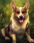  2014 4_toes black_nose canine claws corgi cute dog fangs feral fur grass happy inner_ear_fluff kenket mammal multicolored_fur outside pose smile solo toe_claws toes tongue tongue_out whiskers 
