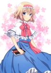  alice_margatroid blonde_hair blue_dress blue_eyes blush bow bowtie capelet dress frilled_capelet frills hair_between_eyes hairband holding irino long_dress red_bow short_hair smile solo standing touhou white_background white_capelet white_hairband 