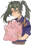 :d bad_id bad_twitter_id blush blush_stickers carrying claws clefairy closed_mouth commentary cropped_torso crossover dark_green_hair fang fukazaki green_eyes green_hair grey_hair hair_between_eyes hair_ribbon japanese_clothes kantai_collection kimono long_hair looking_down open_mouth pokemon pokemon_(creature) remodel_(kantai_collection) ribbon simple_background smile tasuki twintails white_hair white_ribbon zuikaku_(kantai_collection) |_| 