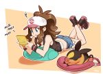  ass bare_shoulders baseball_cap blue_eyes boots brown_hair closed_eyes commentary denim denim_shorts english frustrated handheld_game_console hat lying nintendo nintendo_3ds nintendo_ds on_stomach pillow playing_games pokemon pokemon_(creature) pokemon_(game) pokemon_bw ponytail pout shoelaces short_shorts shorts sleeping smile solo_focus tank_top tepig text_focus touko_(pokemon) typo_(requiemdusk) vest wristband 
