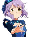  cleavage_cutout closed_mouth commentary_request costume detached_sleeves hat highres idolmaster idolmaster_million_live! looking_at_viewer makabe_mizuki mini_hat nagami_tami portrait purple_hair reaching_out short_hair solo white_background yellow_eyes 