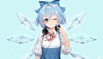  ;) adapted_costume blue_background blue_bow blue_dress blue_eyes blue_hair blush bow breasts cirno commentary dress english_commentary gradient gradient_background hair_between_eyes hair_bow hand_up headphones headphones_around_neck ice ice_wings iouley light_particles looking_at_viewer neck_ribbon one_eye_closed puffy_short_sleeves puffy_sleeves red_neckwear red_ribbon ribbon shirt short_hair short_sleeves simple_background small_breasts smile solo sparkle touhou upper_body white_shirt wing_collar wings 