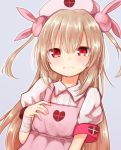  &gt;_&lt; apron armband bandaged_arm bandages bangs baram blush bunny_hair_ornament eyebrows_visible_through_hair grey_background hair_between_eyes hair_ornament hat heart light_brown_hair long_hair looking_at_viewer natori_sana nurse_cap parted_lips pink_apron pink_hat puffy_short_sleeves puffy_sleeves red_eyes sana_channel shirt short_sleeves simple_background solo tears two_side_up very_long_hair virtual_youtuber white_shirt 