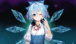  ;) adapted_costume black_background blue_background blue_bow blue_dress blue_eyes blue_hair blush bow breasts cirno commentary dress english_commentary gradient gradient_background hair_between_eyes hair_bow hand_up headphones headphones_around_neck ice ice_wings iouley light_particles looking_at_viewer neck_ribbon one_eye_closed puffy_short_sleeves puffy_sleeves purple_background red_neckwear red_ribbon ribbon shirt short_hair short_sleeves small_breasts smile solo sparkle touhou upper_body white_shirt wing_collar wings 