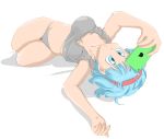  1girl artist_request barefoot breasts bulma curvy dragon_ball dragonball_z female large_breasts lying shiny shiny_skin short_hair simple_background thick_thighs thighs underwear white_background white_hair wide_hips 