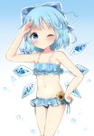  ;) alternate_costume antidote arm_up armpit_crease bangs bikini bikini_skirt blue_background blue_bikini blue_bow blue_hair blue_sky blush bow cirno commentary_request cowboy_shot curled_fingers eyebrows_visible_through_hair flat_chest flower gradient gradient_background hair_bow hand_on_hip hand_to_forehead looking_at_viewer lowleg lowleg_bikini navel one_eye_closed partial_commentary short_hair side-tie_bikini sky smile solo sunflower swimsuit touhou water_drop wings 