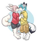  2017 4_fingers 4_toes anthro anthro_on_anthro arctic_fox barefoot biped black_fur blue_background blue_hair blush brown_fur canine clothed clothing cute dipstick_ears dipstick_tail duo eyes_closed fennec fox fully_clothed fur fur_markings hair hand_holding hindpaw hoodie kissing male male/male mammal maniacalmercury markings multicolored_fur multicolored_tail null_(nefariousnull) paws pink_hair romantic_couple shirt shorts simple_background standing thatwildmary toes two_tone_background two_tone_fur white_background white_fur 