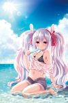  :o animal_ears arm_support azur_lane bangs bare_legs bare_shoulders barefoot beach bikini_top bird black_bikini_top blue_sky blush bow_bikini breasts bunny_ears cloud collarbone commentary_request day expressionless eyebrows_visible_through_hair fingernails flat_chest food full_body fummy grey_shorts hair_between_eyes hair_ornament hair_ribbon horizon laffey_(azur_lane) lens_flare light_rays long_hair looking_at_viewer melting navel ocean off_shoulder open_fly popsicle red_eyes red_ribbon ribbon seagull shiny shiny_hair shirt short_shorts short_sleeves shorts sidelocks sitting sky solo stomach string_bikini summer sun sunlight tied_shirt twintails very_long_hair wariza water wet wet_clothes wet_shirt white_hair white_shirt 