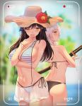  5555_96 animal_ears artist_name ass azur_lane back back-to-back bangs beach bikini black_bikini black_hair blue_sky blurry blurry_background blush breasts brown_eyes choker choukai_(azur_lane) cleavage cloud collarbone commentary_request covered_nipples day dimples_of_venus eyebrows_visible_through_hair fingers_to_mouth flower groin hair_between_eyes hair_ornament hat hat_flower highres holding holding_weapon katana large_breasts long_hair looking_at_viewer looking_back maya_(azur_lane) multiple_girls navel ocean one_eye_closed open_mouth outdoors sand see-through short_hair side-tie_bikini sideboob sidelocks silver_hair sky smile stomach striped striped_bikini sun_hat swimsuit sword thighs tree untied untied_bikini_top v viewfinder weapon wet wristband yellow_eyes 