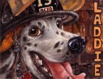  2007 ambiguous_gender black_nose canine dog fangs fur hat kenket mammal solo spots spotted_fur tongue tongue_out traditional_media_(artwork) 