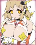  blonde_hair blush breasts breasts_outside covered_nipples empty_eyes hypnosis kuro_mushi large_breasts looking_at_viewer mind_control no_bra open_mouth senki_zesshou_symphogear simple_background solo sweat symphogear_pendant tachibana_hibiki_(symphogear) white_background yellow_eyes 