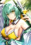  bikini blush breasts closed_mouth commentary_request detached_collar eyebrows_visible_through_hair fate/grand_order fate_(series) green_hair highres horns kiyohime_(fate/grand_order) kiyohime_(swimsuit_lancer)_(fate) long_hair looking_at_viewer medium_breasts morizono_shiki smile solo swimsuit upper_body yellow_bikini yellow_bikini_top yellow_eyes 