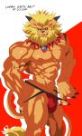  abs biceps blue_eyes bulge clothing digimon ear_piercing fangs jockstrap leomon logan_sato long_ears male mane muscular nipples pecs penis penis_outline piercing pointy_ears solo underwear vein 