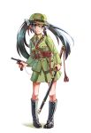  alternate_costume aqua_eyes belt black_hair boots commentary_request full_body gun handgun hat highres holding holding_gun holding_sword holding_weapon imperial_japanese_army imperial_japanese_navy isuzu_(kantai_collection) kantai_collection katana long_hair longmei_er_de_tuzi military military_hat military_uniform nambu_type_14 necktie saya_(scabbard) solo sword trigger_discipline twintails uniform weapon white_background world_war_ii 