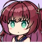  :t ahoge azur_lane bangs bare_shoulders blue_sailor_collar blush closed_mouth commentary_request eyebrows_visible_through_hair green_eyes hair_between_eyes hair_ornament long_hair looking_at_viewer nagato-chan one_side_up portrait pout purple_background red_hair sailor_collar shirt sidelocks simple_background sleeveless sleeveless_shirt solo surcouf_(azur_lane) 
