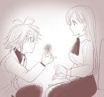  1girl alternate_costume antenna_hair artist_name blush breasts couple earrings eye_contact flower greyscale harumiya holding holding_flower jewelry long_hair long_sleeves looking_at_another medium_breasts meliodas monochrome nanatsu_no_taizai necktie rose sitting 