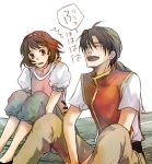  1girl brown_hair closed_eyes commentary_request gensou_suikoden gensou_suikoden_ii gloves hairband lowres nanami_(suikoden) open_mouth sagano_(ganyo) short_hair smile tir_mcdohl 