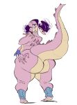  4_fingers anthro big_butt butt colored_nails crocodile crocodilian digital_media_(artwork) donkey_kong_(series) ear_piercing fan_character female grin hair half-closed_eyes hand_on_butt huge_butt kremling lipstick makeup nintendo nude piercing pigtails purple_hair rear_view reptile scalie simple_background slb smile solo song_k._rule thick_thighs video_games white_background wide_hips 