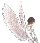  angel_wings black_hair facing_away katsuki_yuuri long_sleeves male_focus r_inami shirt short_hair simple_background solo upper_body white_background white_shirt wings yuri!!!_on_ice 