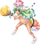  animal animal_ears animal_on_head cat_ears convenient_arm earrings elephant fang full_body gloves green_hair highres holding holding_weapon jewelry koihime_musou kuwada_yuuki long_hair looking_at_viewer moukaku non-web_source nude official_art on_head open_mouth paw_gloves paw_shoes paw_stick paws red_eyes shoes solo tail transparent_background weapon 