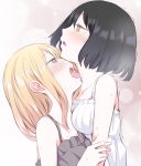  black_dress black_hair blonde_hair blue_eyes blush bob_cut dress eyebrows_visible_through_hair licking long_hair multiple_girls neck_licking original shichouson short_hair sweat tongue tongue_out trembling white_dress yellow_eyes yuri 