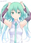  absurdres arms_up bangs bare_shoulders blush breasts bunching_hair closed_mouth collared_shirt detached_sleeves eyebrows_visible_through_hair green_eyes green_hair green_neckwear hair_between_eyes hamayuu_(litore) hatsune_miku highres holding holding_hair long_hair long_sleeves looking_at_viewer medium_breasts necktie shirt simple_background sleeveless sleeveless_shirt smile solo twitter_username two_side_up very_long_hair vocaloid white_background white_shirt 
