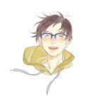  ^_^ black_hair blue-framed_eyewear blush closed_eyes face glasses happy hood hoodie katsuki_yuuri male_focus open_mouth r_inami short_hair simple_background smile solo upper_body white_background wind wind_lift yellow_hoodie yuri!!!_on_ice 