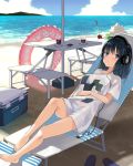  absurdres bare_legs barefoot beach bendy_straw black_hair blue_eyes blue_sky breasts bucket cellphone chair cloud cloudy_sky commentary cooler cup day digital_media_player drink drinking_glass drinking_straw hand_on_own_stomach headphones highres horizon innertube long_hair looking_at_viewer lounge_chair medium_breasts mountain nuqura ocean original outdoors phone pink_innertube sand sand_castle sand_sculpture shadow shirt short_sleeves shovel sky smartphone solo table transparent water white_shirt 