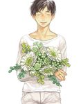  black_hair bouquet closed_eyes denim eyebrows_visible_through_hair fingernails flower flower_request green_flower happy jeans jewelry katsuki_yuuri long_sleeves male_focus pants plant r_inami ring rose shirt short_hair simple_background smile solo upper_body white_background white_flower white_pants white_rose white_shirt yellow_flower yuri!!!_on_ice 
