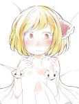  blonde_hair blush jagabutter looking_at_viewer naked_shirt red_eyes rumia shirt short_hair solo sweat touhou 