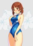  absurdres blue_swimsuit breasts brown_eyes brown_hair casual_one-piece_swimsuit cleavage cleavage_cutout cosplay cowboy_shot curcumin embarrassed floral_background girls_und_panzer grey_background highres medium_breasts nishizumi_miho one-piece_swimsuit reizei_mako reizei_mako_(cosplay) short_hair sideboob solo standing swimsuit turtleneck 