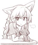  &gt;:) =3 animal_ears artist_name brooch collarbone commentary_request dress eyebrows_visible_through_hair eyelashes greyscale hair_between_eyes imaizumi_kagerou jewelry long_hair long_sleeves looking_at_viewer monochrome signature simple_background sketch smile solo table touhou upper_body v-shaped_eyebrows white_background wolf_ears wool_(miwol) 