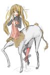  1girl absurdres blonde_hair blush censored centaur cum cum_pool decensor_request dress erection fure-tan futanari heart highres horse_penis long_hair monster_girl open_mouth penis pointless_censoring simple_background sketch skinny solo tail twintails white_background yellow_eyes 