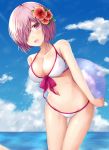  :d ball bangs bare_arms bare_shoulders beachball bikini blue_sky blush breasts cleavage cloud collarbone commentary_request day eyebrows_visible_through_hair fate/grand_order fate_(series) flower front-tie_bikini front-tie_top hair_flower hair_ornament hair_over_one_eye head_tilt horizon large_breasts leaning_forward looking_at_viewer mash_kyrielight misui navel ocean open_mouth outdoors purple_eyes purple_hair red_flower sky smile solo standing swimsuit swimsuit_of_perpetual_summer thigh_gap transparent water white_bikini 