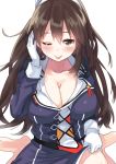  ashigara_(kantai_collection) blush breasts brown_eyes brown_hair cleavage closed_mouth commentary_request gloves hairband kantai_collection large_breasts long_hair long_sleeves necktie one_eye_closed shirt_lift sitting solo tonari_no_kai_keruberosu tongue tongue_out wariza white_gloves 
