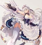  apron armpits azur_lane bangs belfast_(azur_lane) blue_eyes braid breasts cannon chain cleavage closed_mouth collar collarbone commentary_request corset dress eyebrows_visible_through_hair firing french_braid frills garter_straps gloves highres large_breasts light_particles long_hair looking_at_viewer looking_away machinery maid maid_headdress outstretched_arm rigging silver_hair solo thick_thighs thighhighs thighs torpedo_launcher turret white_gloves white_legwear yuko_(uc_yuk) 