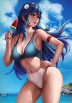 alternate_breast_size armband beach blue_eyes blue_hair breasts cleavage collarbone cowboy_shot dandon_fuga day fire_emblem fire_emblem:_kakusei flower food hair_flower hair_ornament hand_on_hip highres large_breasts long_hair lucina navel one-piece_swimsuit pinup popsicle solo swimsuit tiara watermelon_bar 