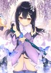  1girl black_hair boots brown_eyes bug butterfly detached_sleeves fate/kaleid_liner_prisma_illya fate_(series) hair_ornament hairclip highres insect kirie_nozomi knees_together_feet_apart leotard long_hair magical_sapphire miyu_edelfelt purple_legwear purple_leotard sitting smile solo staff thigh_strap thighhighs twintails white_footwear 