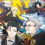  4boys ;) alternate_hairstyle animal artoria_pendragon_(all) black_hair black_jacket blonde_hair blue_eyes cape chameleon closed_mouth commentary facial_hair fate/grand_order fate_(series) fighting_stance fur_trim glasses grey_hair hessian_(fate/grand_order) hypnosis_mic jacket james_moriarty_(fate/grand_order) jeanne_d'arc_(alter)_(fate) jeanne_d'arc_(fate)_(all) lobo_(fate/grand_order) long_hair looking_at_another multiple_boys multiple_girls mustache one_eye_closed open_mouth parody pipe ponytail saber_alter sherlock_holmes_(fate/grand_order) short_hair silver_hair smile torino_hane vs yan_qing_(fate/grand_order) yellow_eyes 