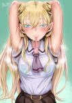  :} absurdres armpit_hair armpits arms_up ascot asobi_asobase bangs bare_arms belt belt_buckle blonde_hair blue_eyes blush breasts brown_belt brown_skirt buckle colored_eyelashes commentary_request condom condom_in_mouth cum cum_in_mouth dated double_bun green_background hair_between_eyes heart heart-shaped_pupils hero_neisan highres long_hair looking_at_viewer medium_breasts mouth_hold naughty_face nose_blush olivia_(asobi_asobase) pleated_skirt purple_neckwear school_uniform shiny shiny_hair shiny_skin shirt shirt_tucked_in short_sleeves sidelocks signature skirt smile solo stain stained_clothes steaming_body sweat symbol-shaped_pupils upper_body used_condom very_long_hair white_shirt 