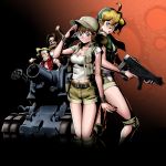  2girls :o ahoge belly_peek belt blonde_hair blue_eyes breasts brown_hair cleavage fio_germi gatling_gun glasses grin ground_vehicle gun handgun hat holster kasamoto_eri knee_pads load_bearing_vest looking_at_viewer looking_back marco_rossi metal_slug midriff military military_vehicle motor_vehicle multiple_boys multiple_girls navel official_art ponytail salute senno_aki shorts smile submachine_gun sunglasses sv001_(metal_slug) tank tarma_roving trigger_discipline weapon wristband 