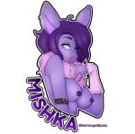  2017 anthro blue_eyes blue_mishka breasts bunneh bust_(disambiguation) chimera clothed clothing derrangedspazz ear_piercing english_text fangs female fur hair hi_res hybrid invalid_color mishka neck_tuft nipple_piercing nipples nude piercing purple_fur purple_hair signature simple_background solo text topless tuft white_eyes 