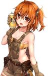  :d ahoge bandaid bandaid_on_leg bandeau bangs bare_shoulders belt belt_buckle belt_pouch blush breast_pocket breasts brown_belt brown_gloves brown_overalls brown_scrunchie buckle cleavage collarbone commentary_request cowboy_shot cup dirty eyebrows_visible_through_hair fate/grand_order fate_(series) fujimaru_ritsuka_(female) gloves hair_between_eyes hair_ornament hair_scrunchie holding holding_cup looking_at_viewer medium_breasts medium_hair open_mouth orange_bandeau orange_eyes orange_hair overalls pocket pouch saint_quartz scrunchie shiny shiny_hair shiny_skin shuutou_haruka side_ponytail sidelocks simple_background smile solo standing star striped sweat torn_clothes torn_overalls white_background zipper zipper_pull_tab 