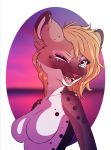  2018 anthro blue_eyes breasts bust_portrait deazea_(artist) digital_media_(artwork) eyelashes featureless_breasts feline female fur hair headshot hi_res lacey_(character) leopard looking_at_viewer mammal one_eye_closed open_mouth portrait simple_background smile snow_leopard solo spots tongue wink 